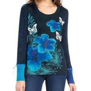 Desigual Floral Butterfly Top Glitter Ribbon Tie Cuff Navy Blue Womens Size XL